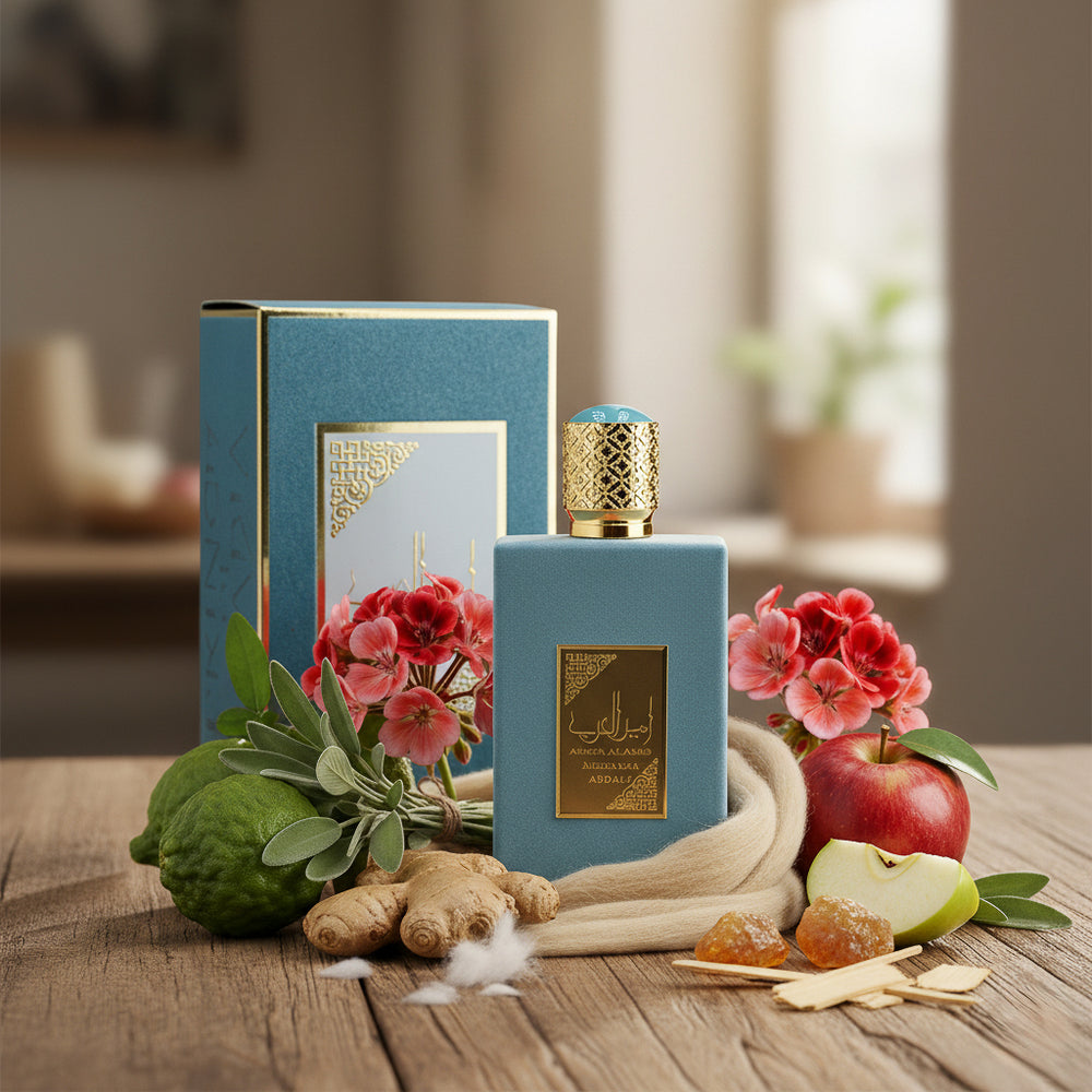 Perfume Arabe Luxury Essence con sus siguientes ingredientes y notas:  FAMILIA OLFATIVA: Citrico, Aromatico y Especiado
NOTAS DE SALIDA: Bergamota, Salvia, Jengibre
NOTAS DE CORAZÓN: Geranio, Cachemira, Manzana
NOTAS DE FONDO: Ámbar, Almizcle, Sándalo